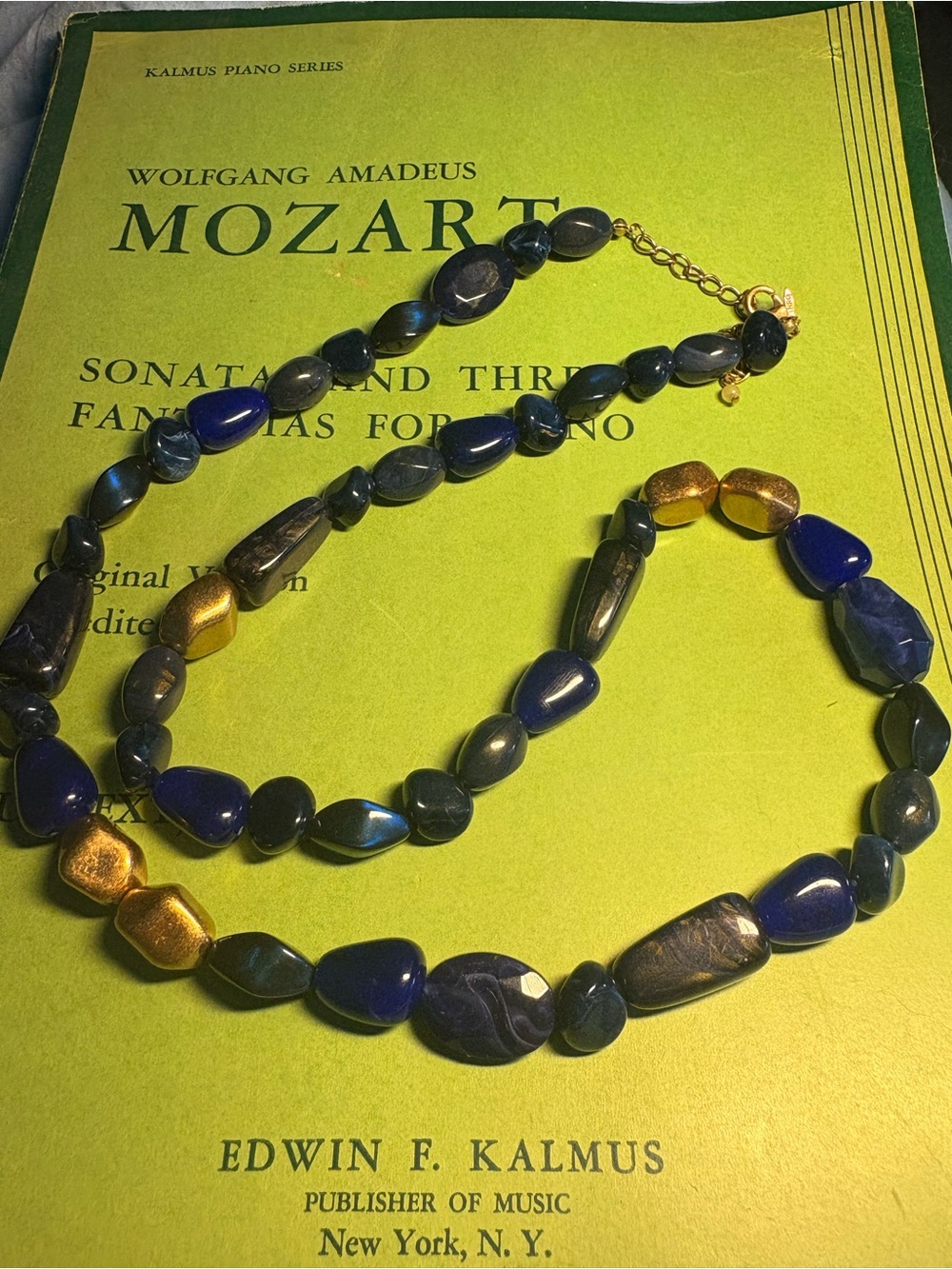 Vintage Blue and Gold Acrylic Bead Necklace 32”